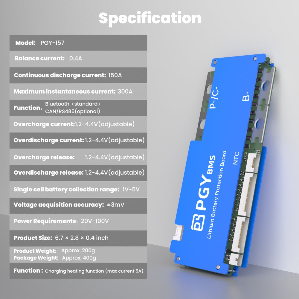 PGYBMS Protection Board Satin Blue for Lithium Battery Packs 8S–24S 40A–150A Battery Management and Protection Module (PGY157B)