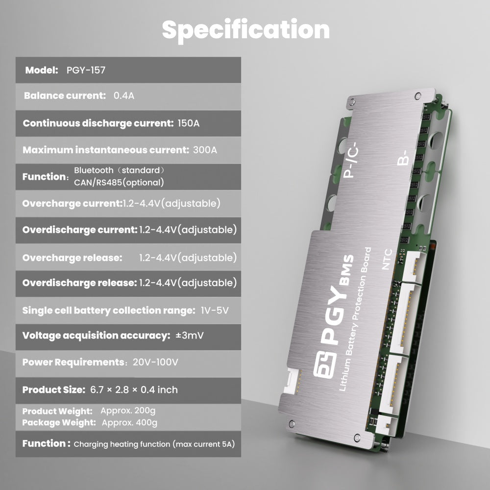 PGYBMS Protection Board Polished Silver for Lithium Battery Packs 8S–24S 40A–150A Battery Management and Protection Module (PGY157G)